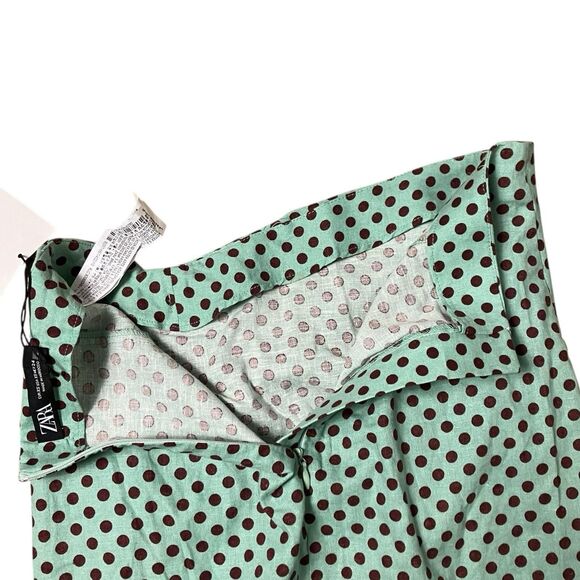 Zara Skirt WMNS XS Green Linen Polka Dot Slit Ruched Mini Pin Up Rockabilly Sexy - Picture 9 of 10